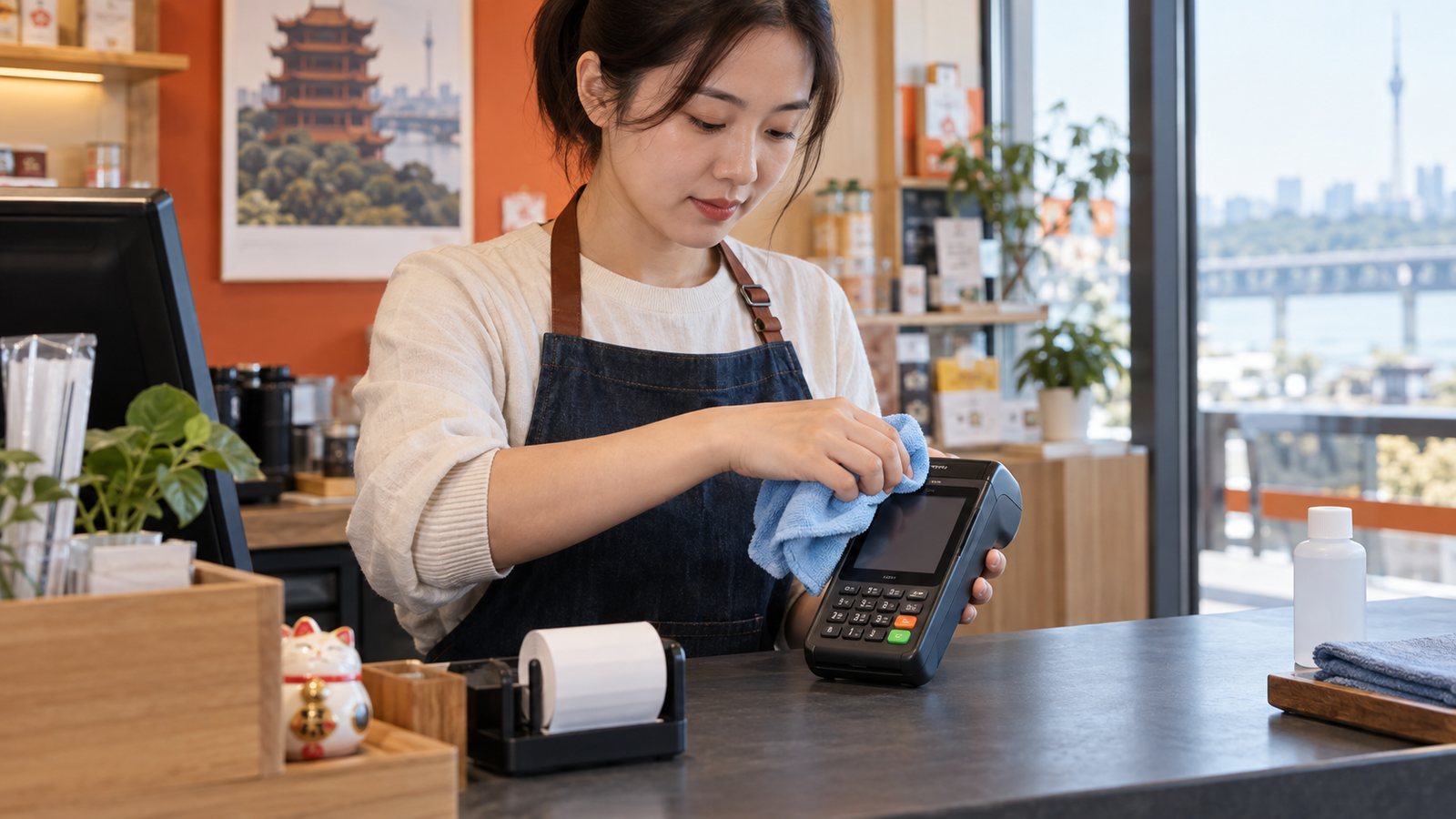 武汉门店员工用柔软布擦拭关机状态的无品牌支付终端,清洁瓶放在远处